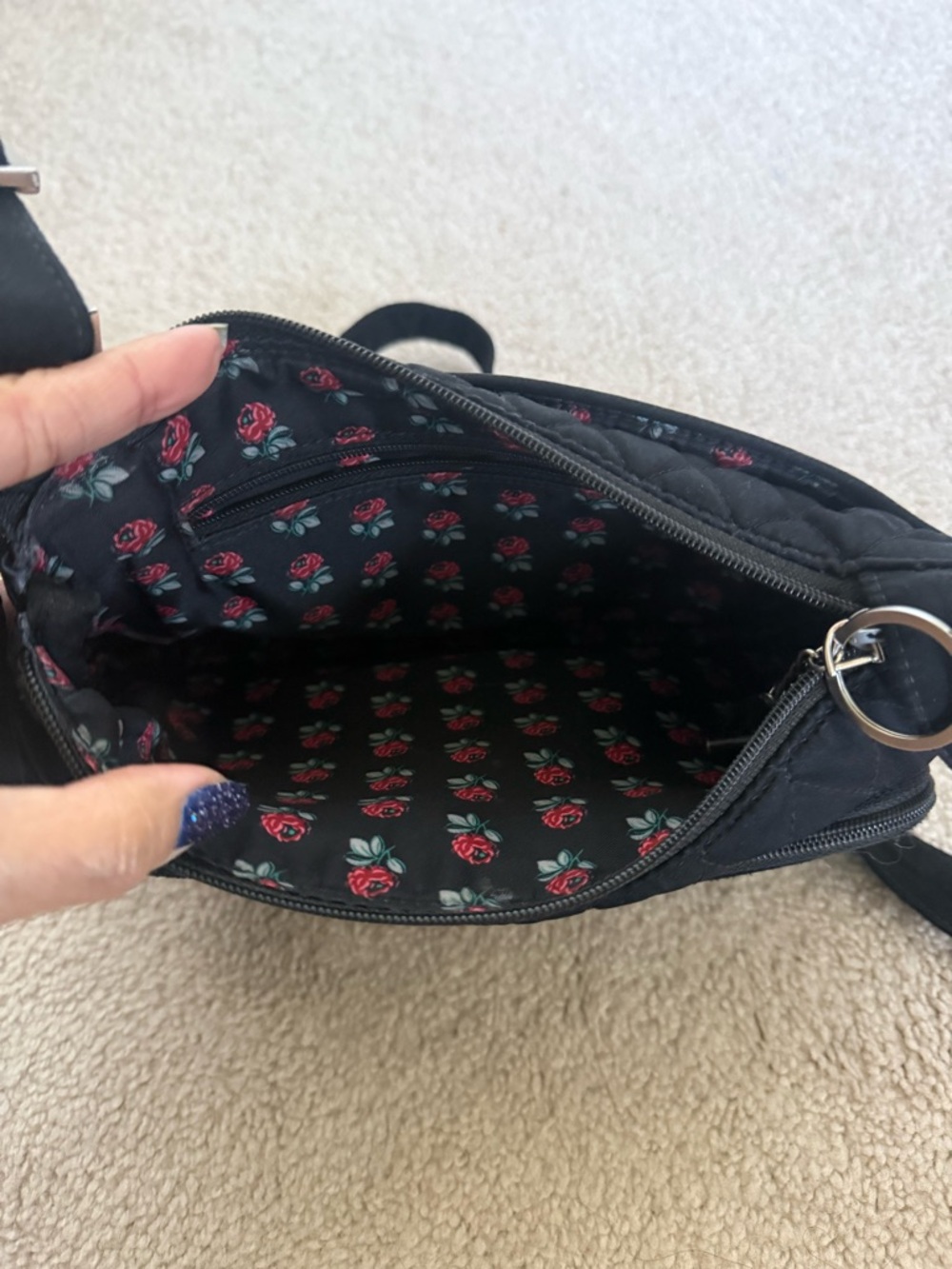 Vera Bradley Black Quilted Crossbody Bag w/ Floral Interior - Picture 6 of 12